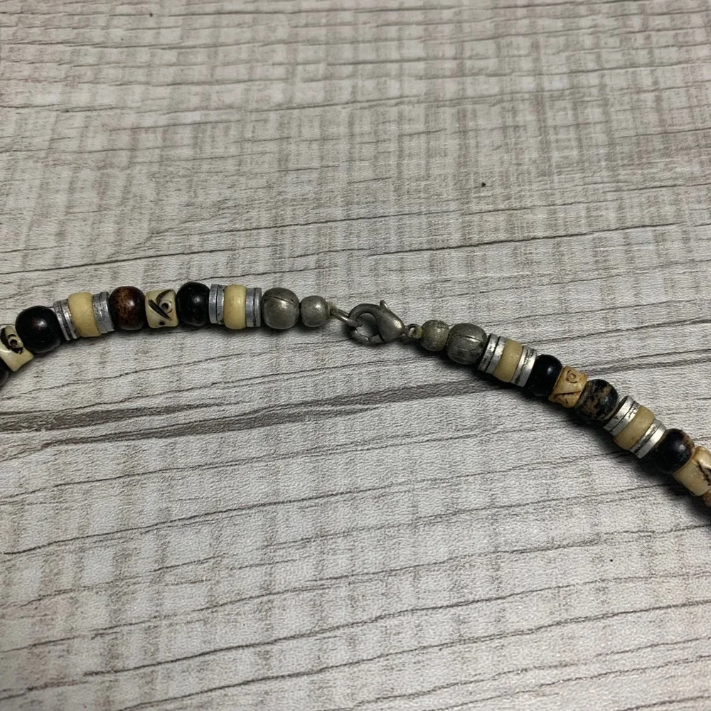 Mens Wood Bone Silver Tone Beaded Choker Necklace 16 Inch Earthy Surf Style